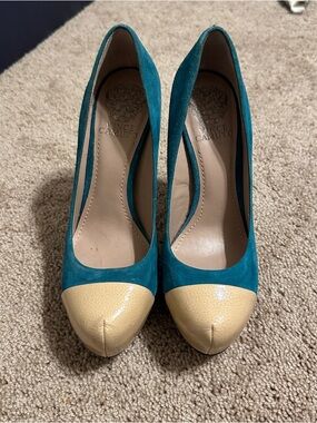 Vince Camuto Teal and Gray Suede Pumps with Cream Cap Toe